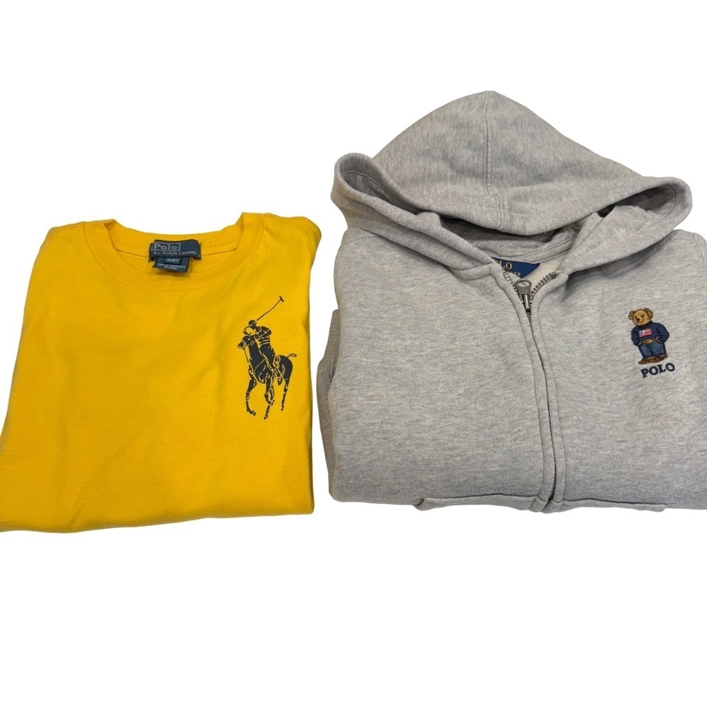 Ralph Lauren Boys 2 PCS Set. Gray POLO BEAR Hoodie & Yellow BIG PONY L/S Tee 4T